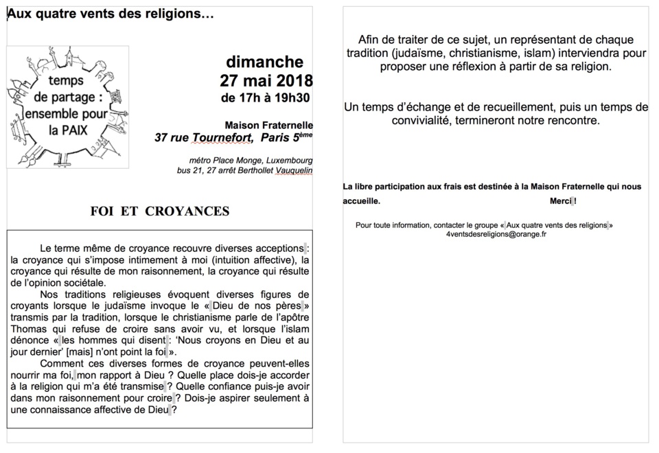4 VENTS DES RELIGIONS " FOI ET CROYANCES". 27 MAI MAISON FRAT. 4 VENTS DES RELIGIONS " FOI ET CROYANCES". 27 MAI MAISON FRAT.