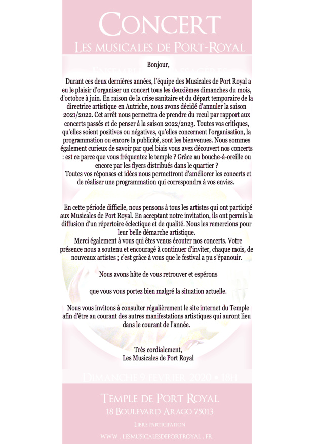SUSPENSION DES CONCERTS DES MUSICALES DE PORT ROYAL SUSPENSION DES CONCERTS DES MUSICALES DE PORT ROYAL