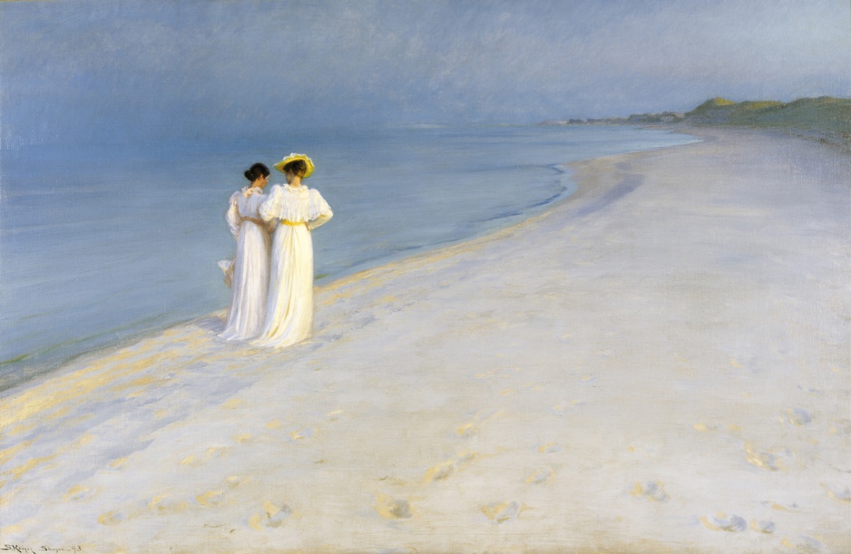 P.S. Krøyer Soirée d’Été sur la Plage sud de Skagen, Anna Ancher et Marie Krøyer marchant ensemble