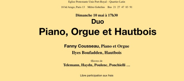 CONCERT PIANO /ORGUE & HAUTBOIS TEMPLE 10 MAI 17H30 CONCERT PIANO /ORGUE & HAUTBOIS TEMPLE 10 MAI 17H30
