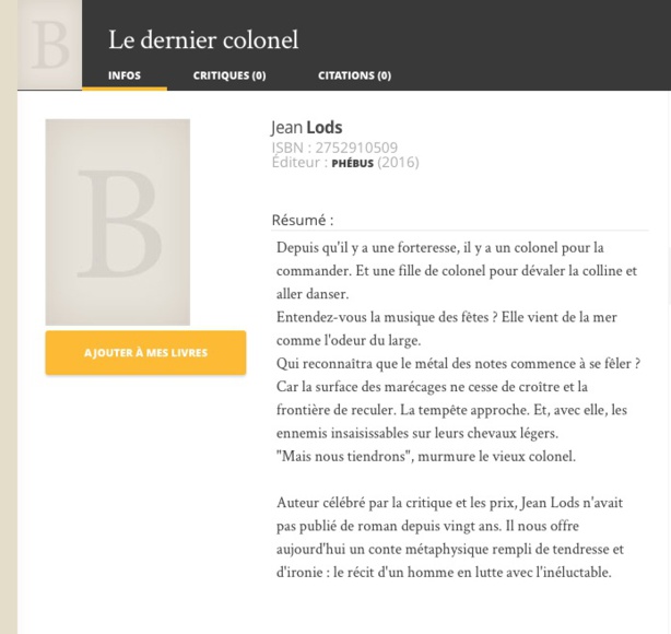 LE DERNIER COLONEL, par Jean LODS, EDITIONS PHEBUS