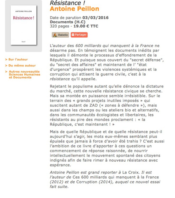 RESISTANCE ! par Antoine PEILLON, Seuil RESISTANCE ! par Antoine PEILLON, Seuil