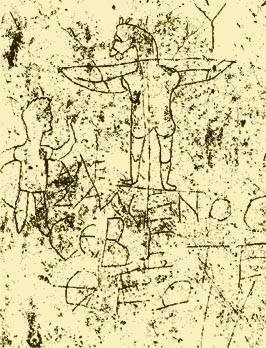 Un graffiti fait dans les Catacombes de Rome et datant de circa 150 de notre Ère. Un dessin qui tourne en dérision la nouvelle Secte chrétienne ...