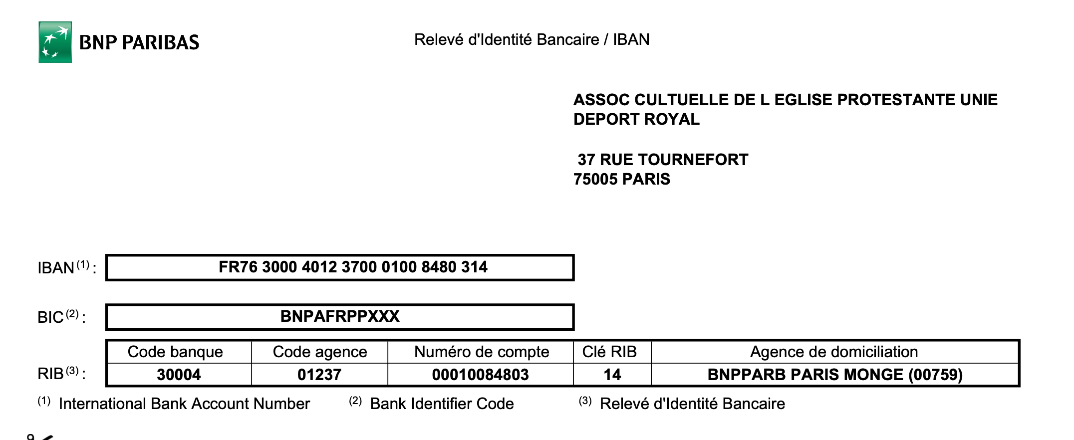 IBAN DE LA PAROISSE
