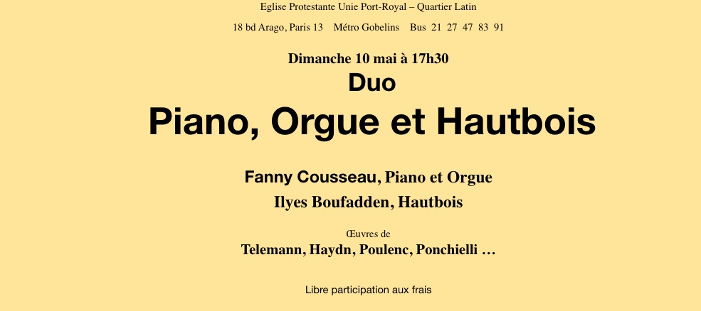 CONCERT PIANO /ORGUE & HAUTBOIS TEMPLE 10 MAI 17H30